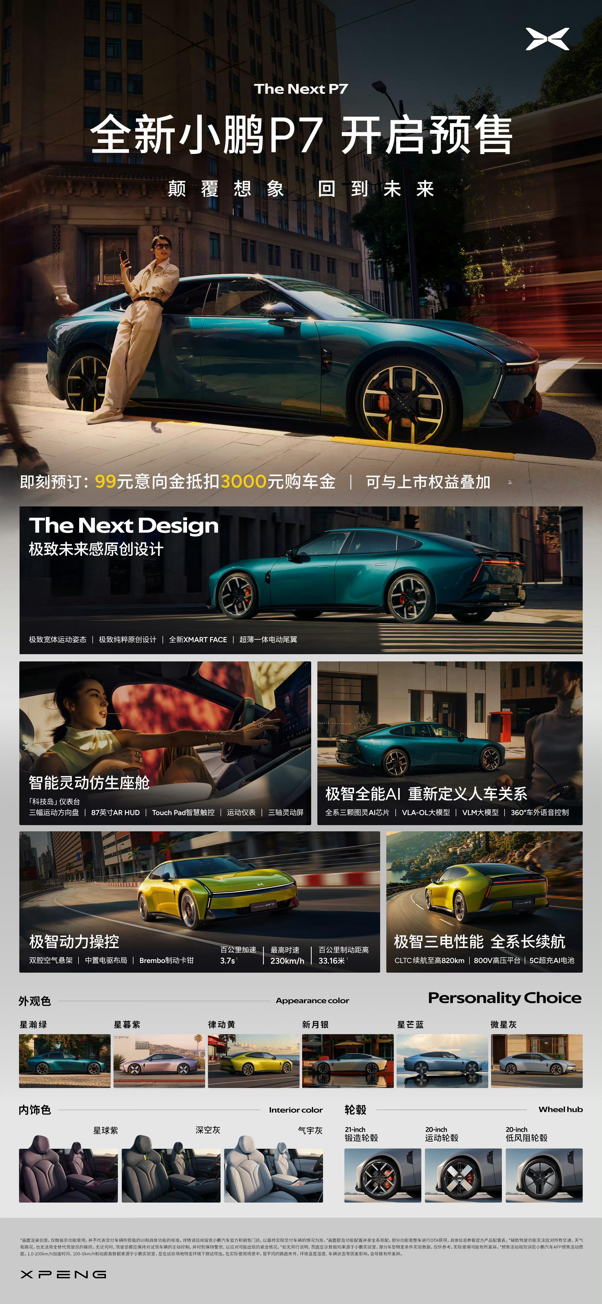 全新小鹏P7开启预售，但没有公布预售价，本月正式上市三种续航版本：702km、8