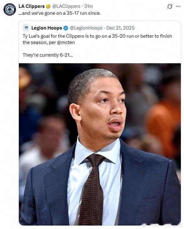 泰伦卢说到做到 本赛季快船队前期战绩不佳，主教练泰伦卢曾提出目标：在剩余比赛中至