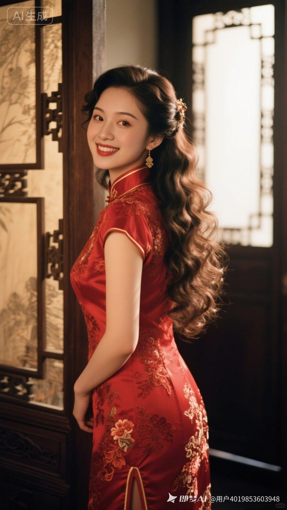 一位穿红裙的女士在古典门前微笑。