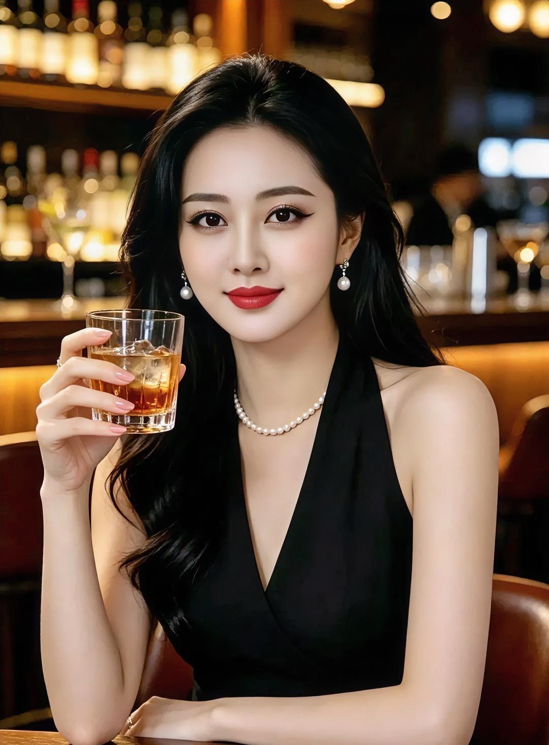 《灯影里的微醺》

暖光晕染吧台的夜晚，

黑裙轻垂，珍珠串起温婉。

杯中琥珀