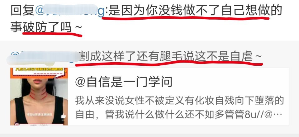 “你反对自残是因为你没钱自残”，“虽然你反美役但你一定是背后骂人家胖子的那种人”