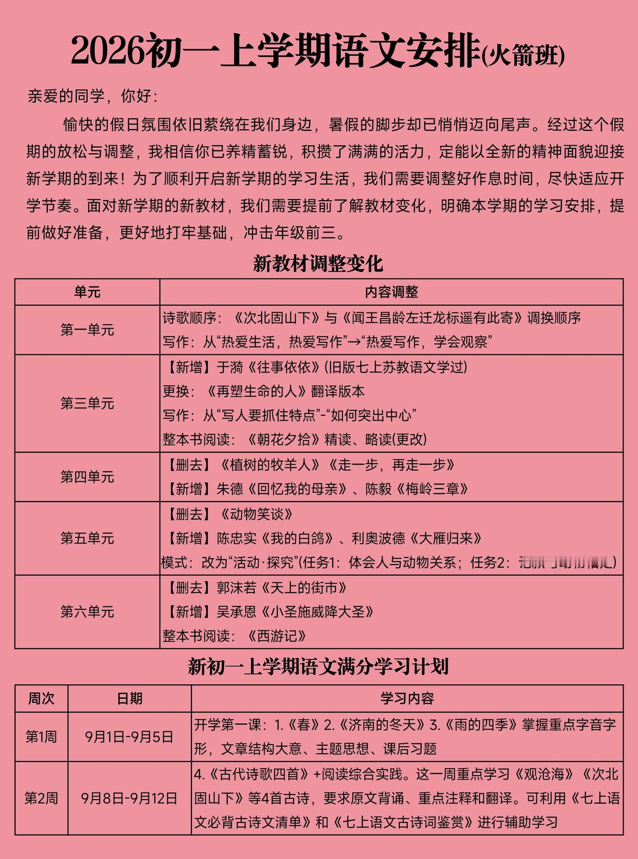 七上语文新学期学习规划，开学直接冲前进三