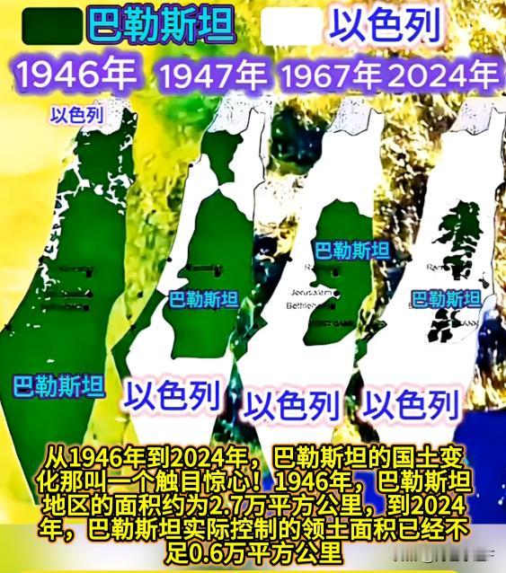 一张地图看懂巴以百年领土变迁
 
下面这张图直观展示1946到2024年巴勒斯坦