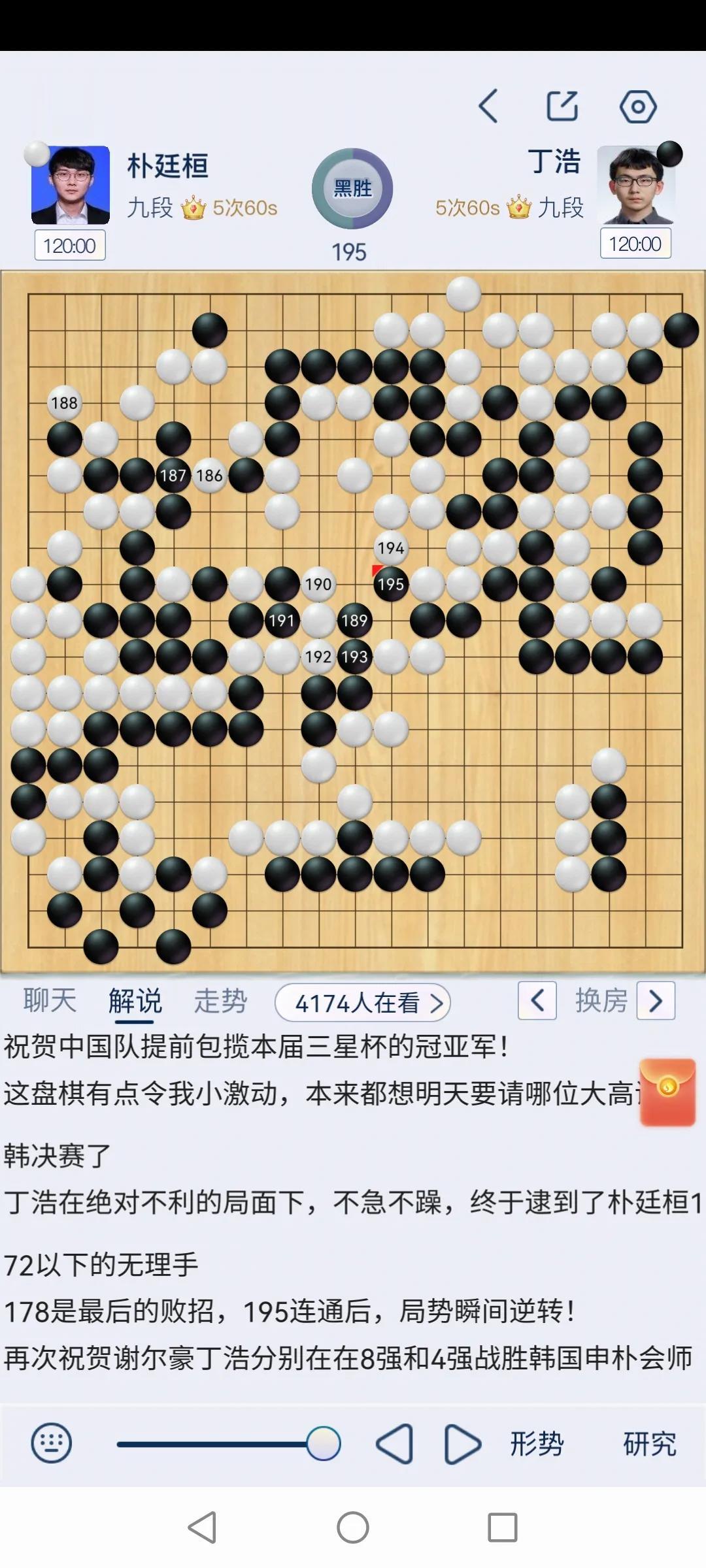 第28届三星杯世界围棋大师赛半决赛第二盘，丁浩胜朴廷桓。
今天这盘棋又是一盘大快