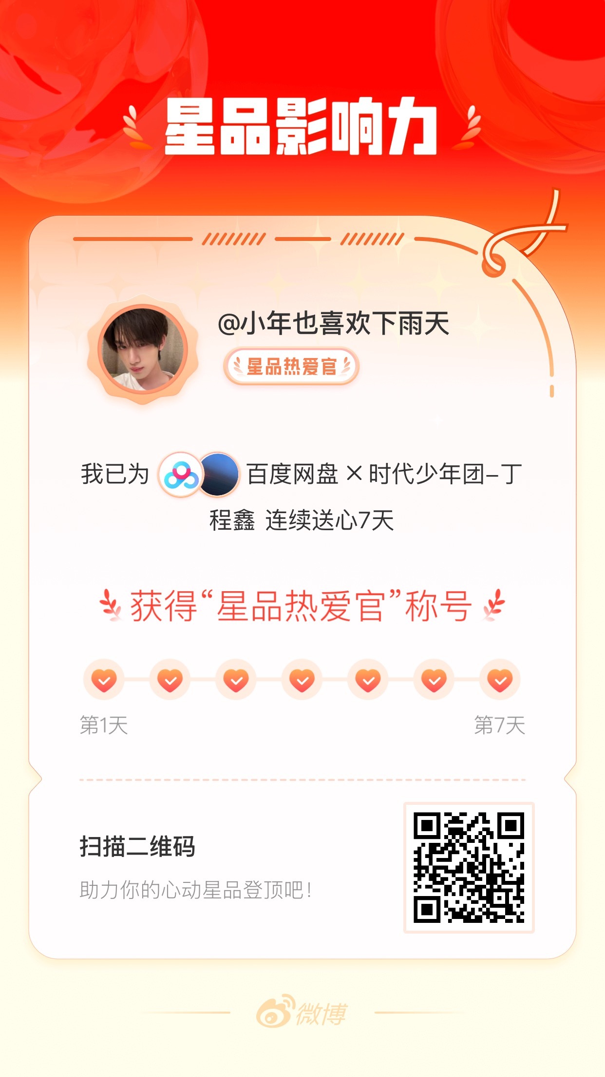 我在星品影响力上为 X 连续送心7天，获得“星品热爱官”称号！快来一起pick你