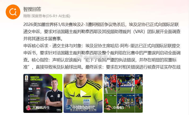 埃及足协正式申诉 要求调查主裁判    可以按照程序申诉，但不要想着国际足联能主