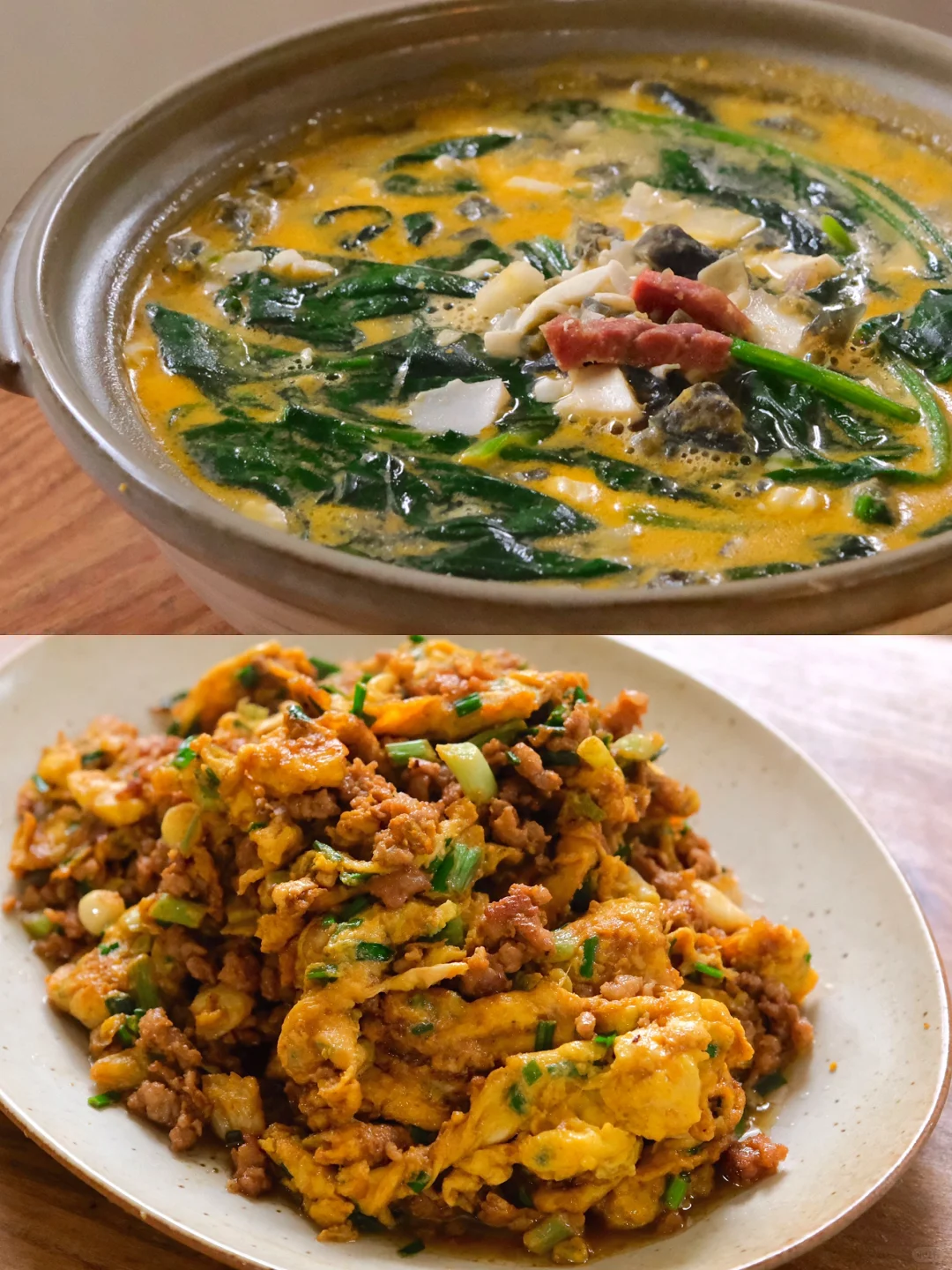 327天｜春日限定｜肉末野葱炒蛋  上汤菠菜苗