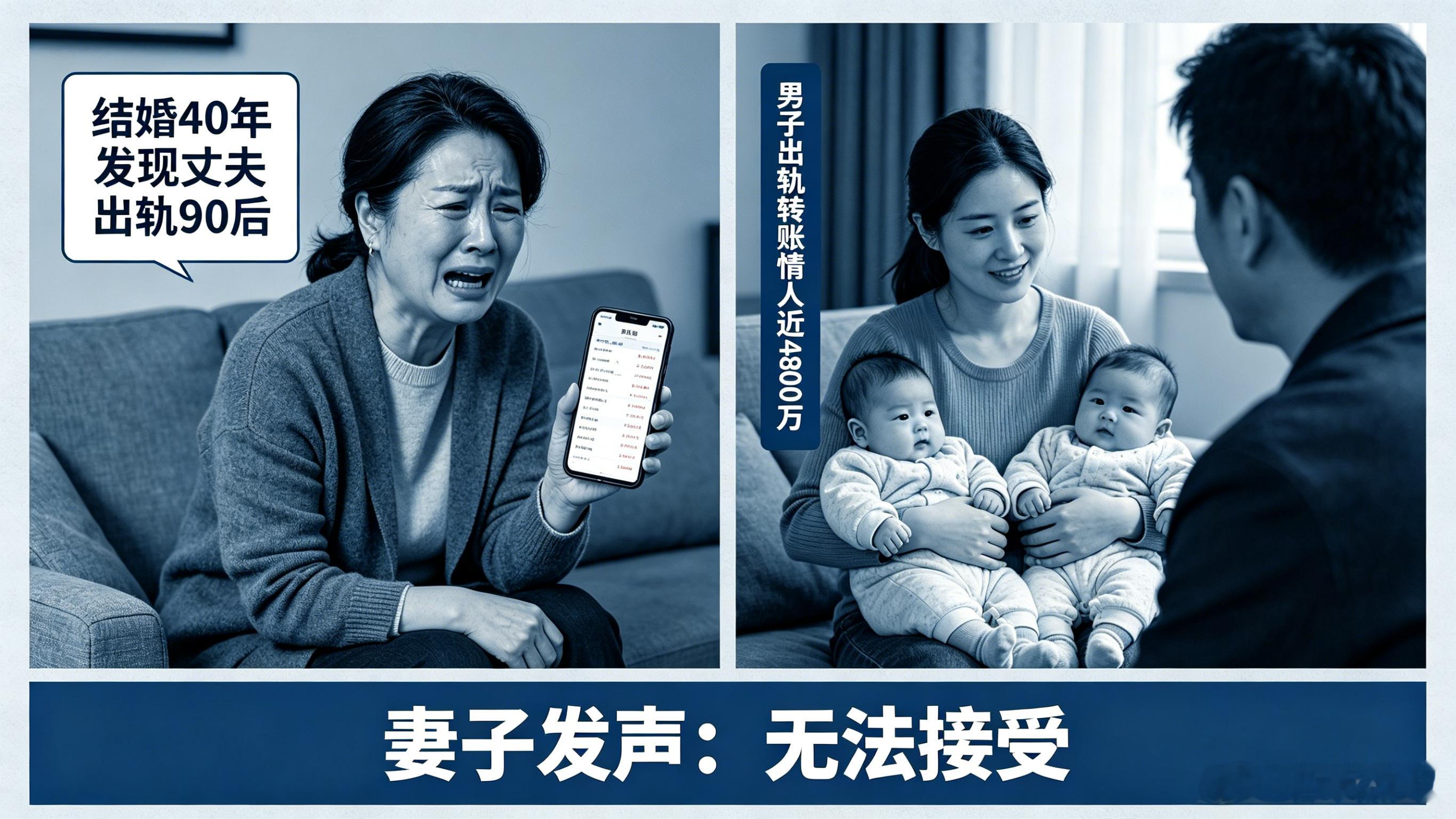 结婚40年发现丈夫出轨90后生双胞胎男子出轨转账情人近4800万妻子发声近日，江