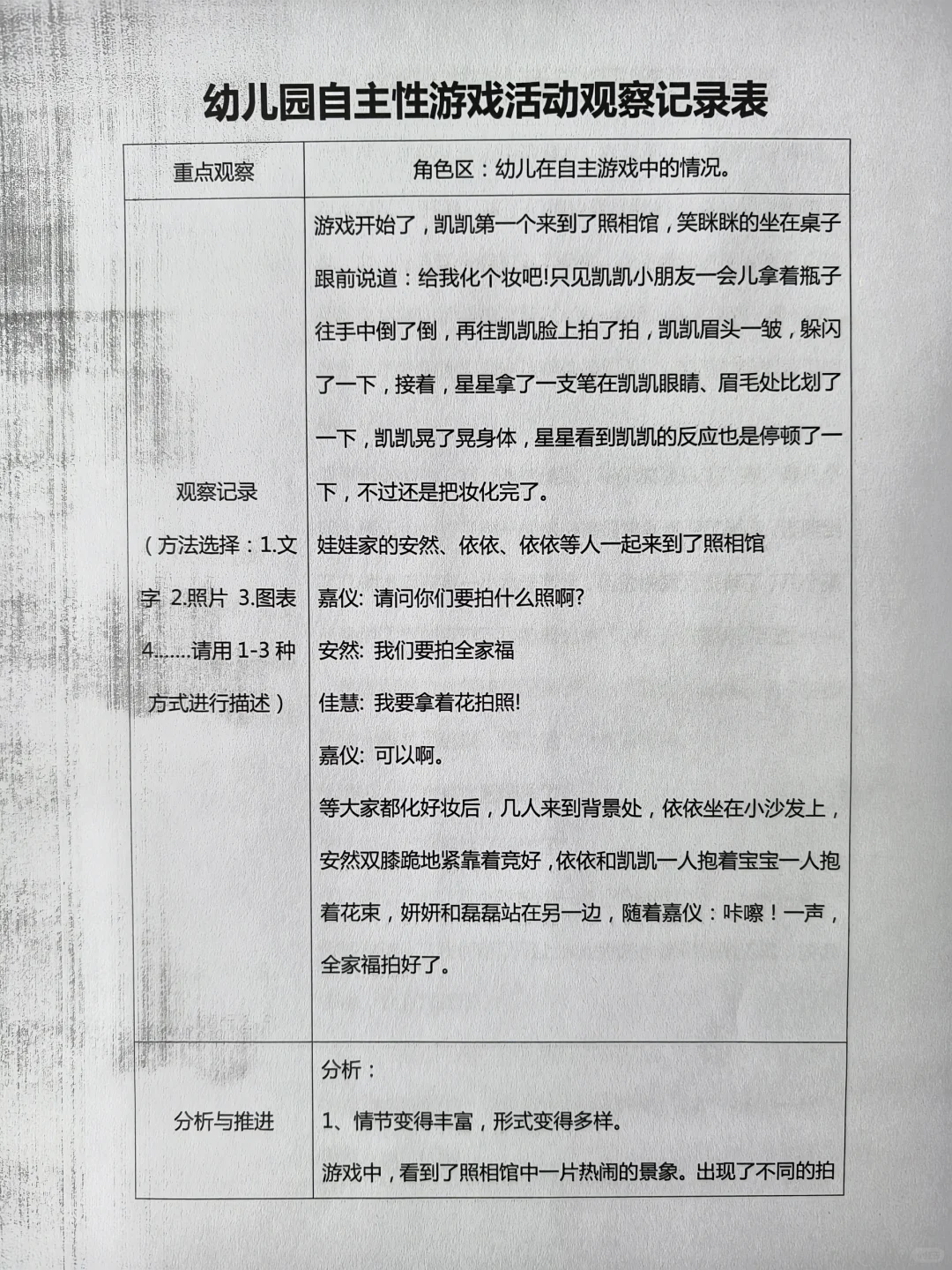 幼儿园自主性游戏活动观察记录表