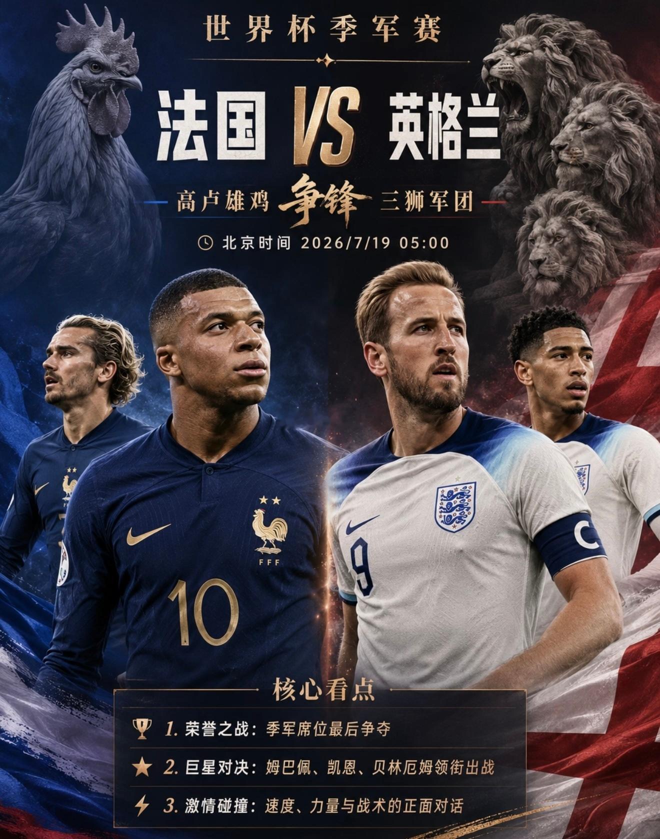 世界杯预测一下法国vs英格兰2:1，1:1，2:0仅供娱乐。 世界杯