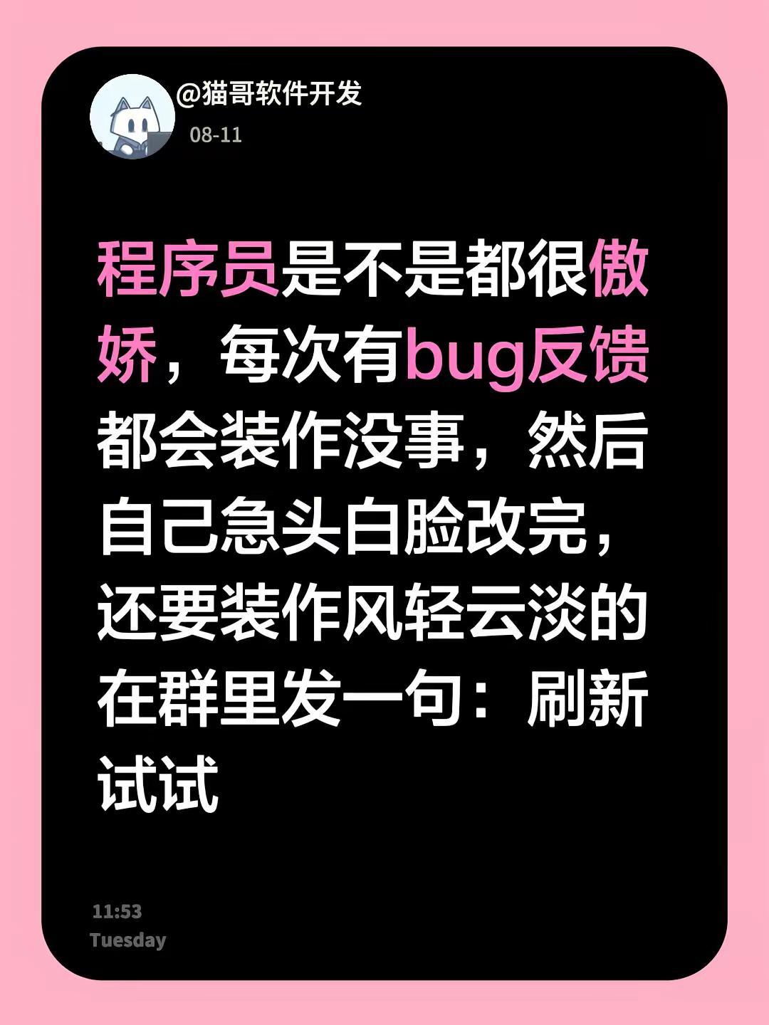 程序员是不是都很傲娇，每次有bug反馈都会装作没事，然后自己急头白脸改完，还要装