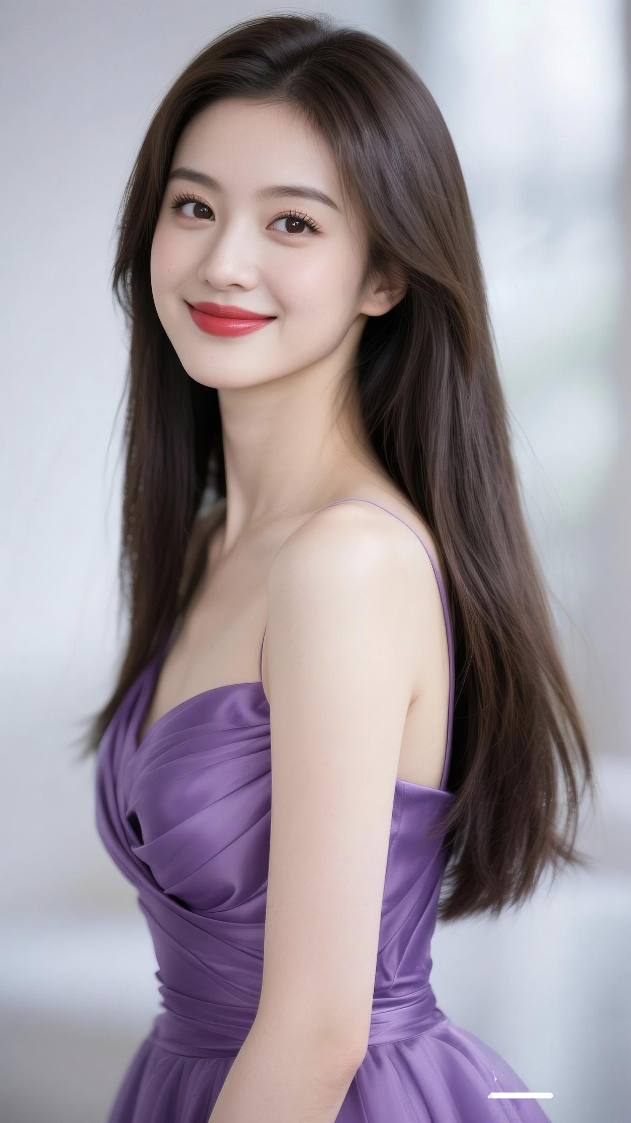 优雅紫裙女子，微笑动人，气质出众。