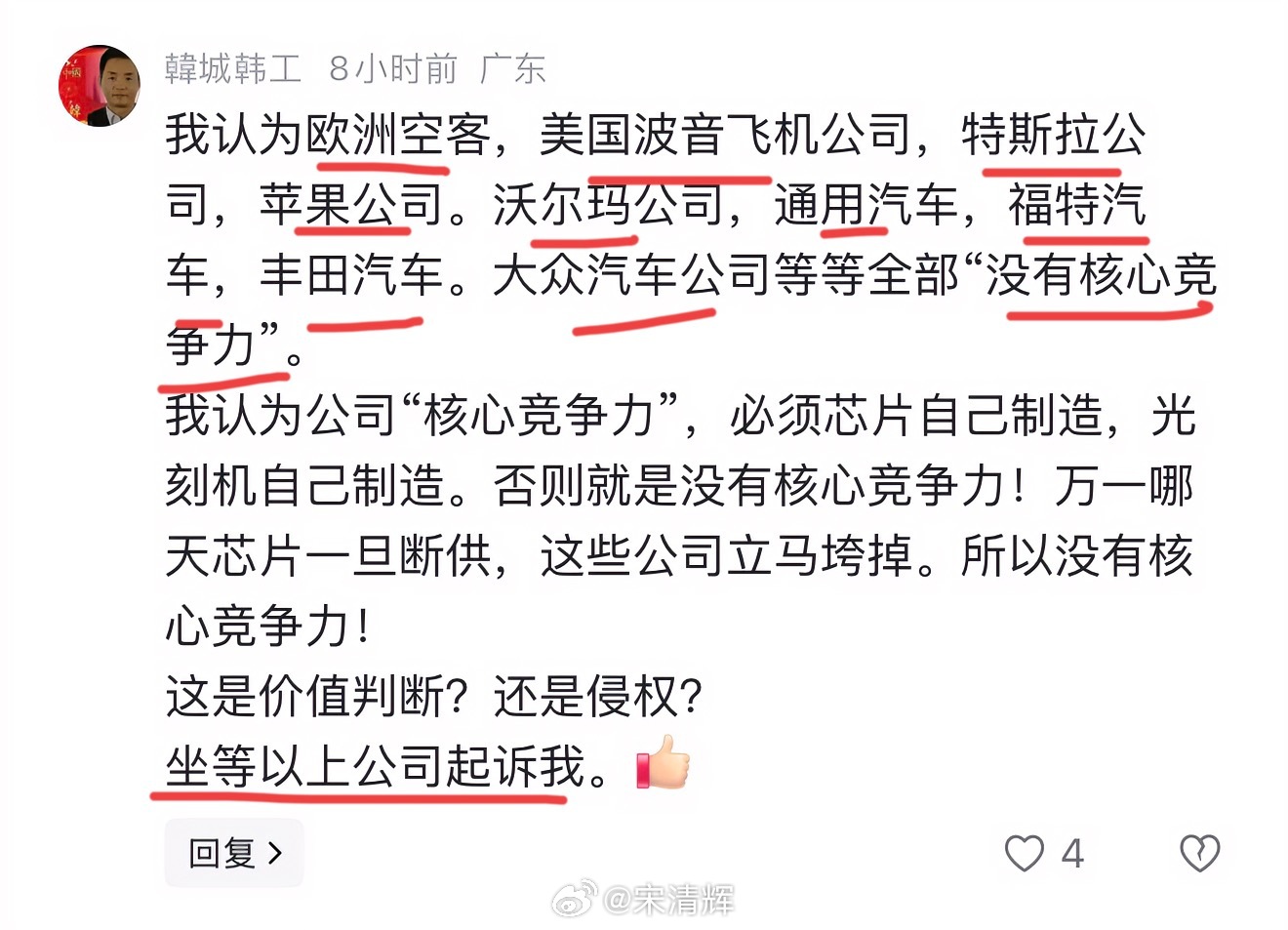 广东网友留言 我认为欧洲空客，美国波音飞机公司，特斯拉公司，苹果公司。沃尔玛公司