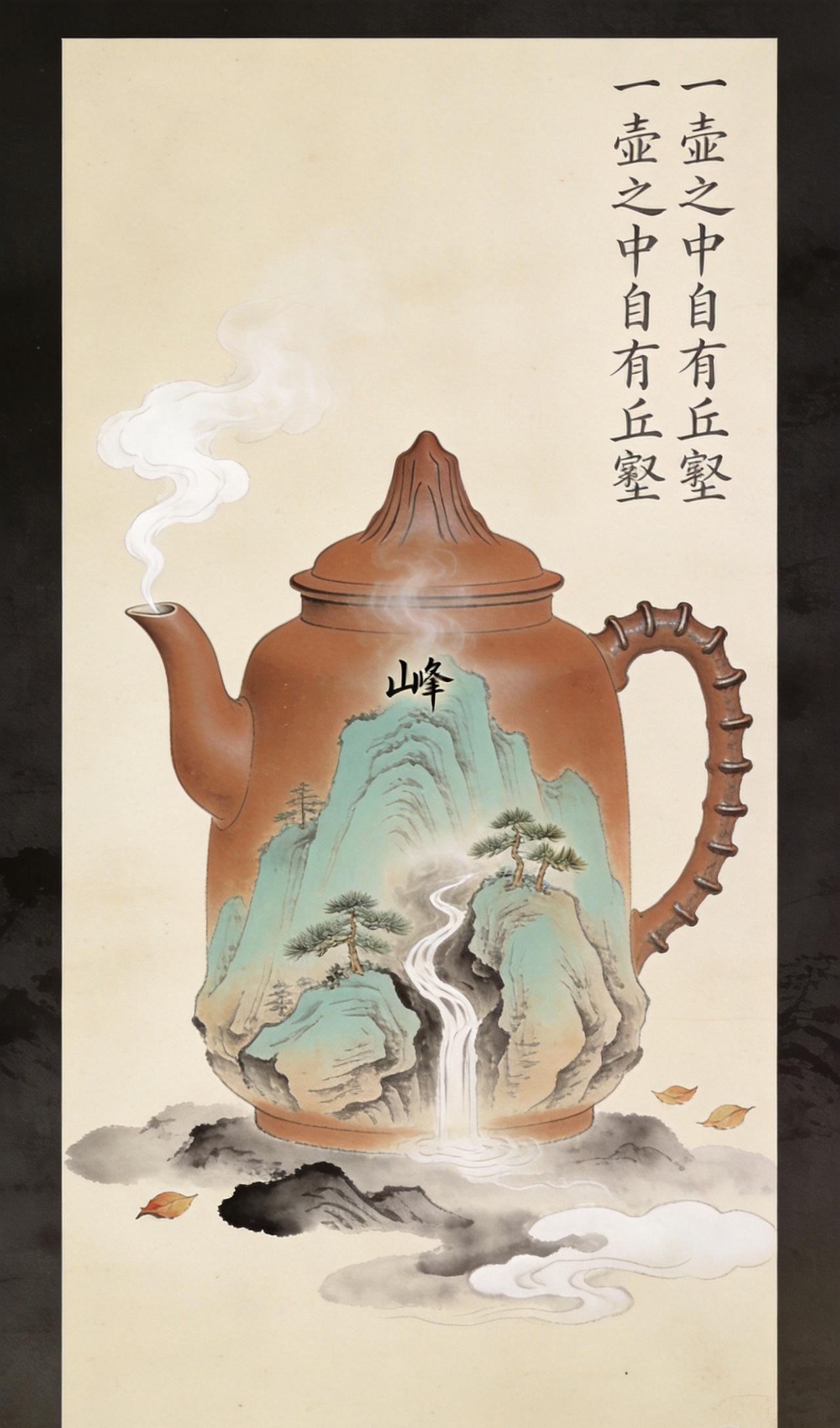壶就是山，你看见了吗
壶盖是峰，壶嘴出水，一把紫砂壶就是一座山。俯身看建盏，茶沫