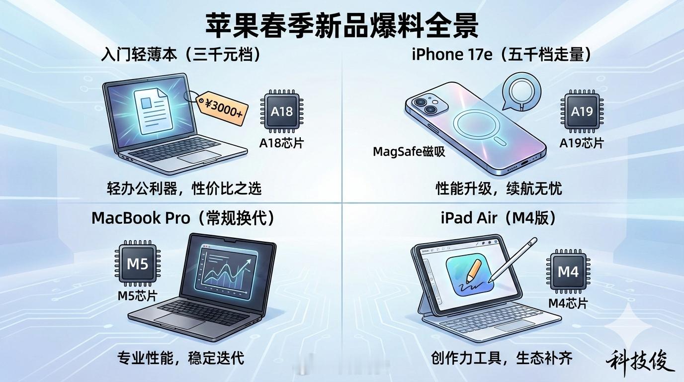 苹果春季发布会全部新品曝光刚看完最新爆料，苹果3月4号的春季新品有点东西。最让我