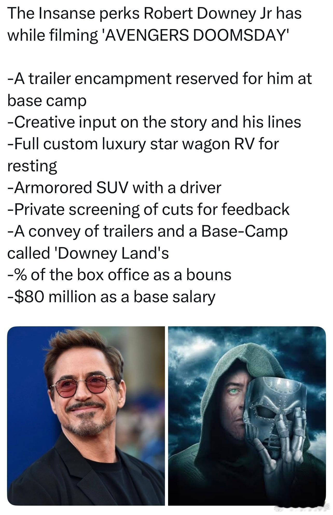 rdj在马窝待遇一览：• 剧组大本营专门为他划定一整片专属拖车区域• 拥有剧情与