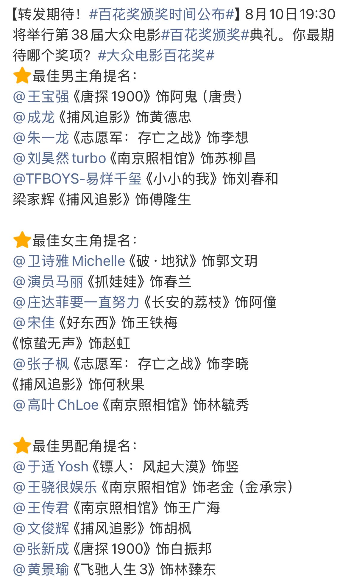 第38届大众电影百花奖颁奖典礼提名汇总

最佳男主角提名：
王宝强 《唐探190