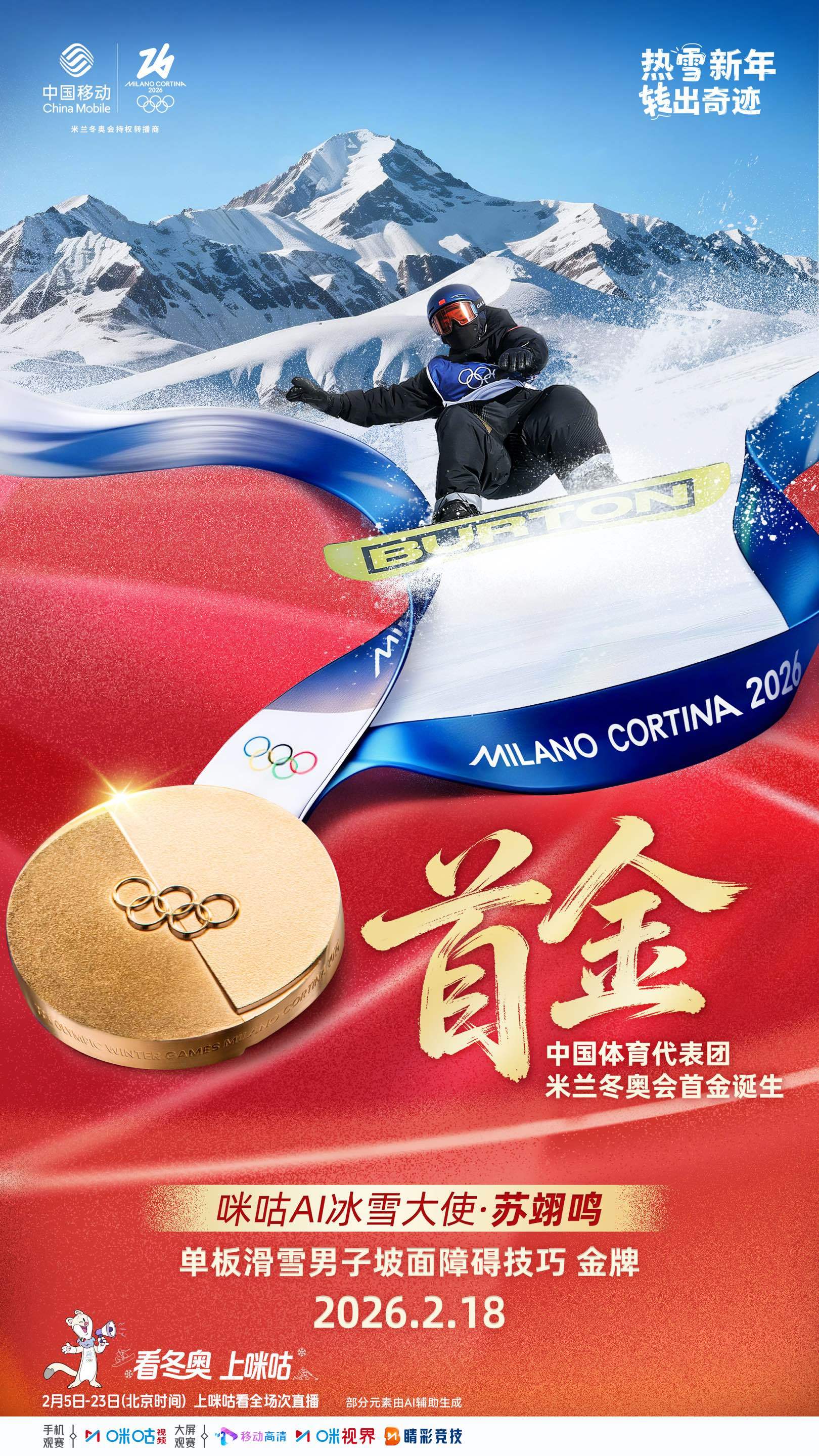 #苏翊鸣坡障金牌# 🥇米兰冬奥会中国代表团首金！🏂单板滑雪男子坡面障碍技巧咪