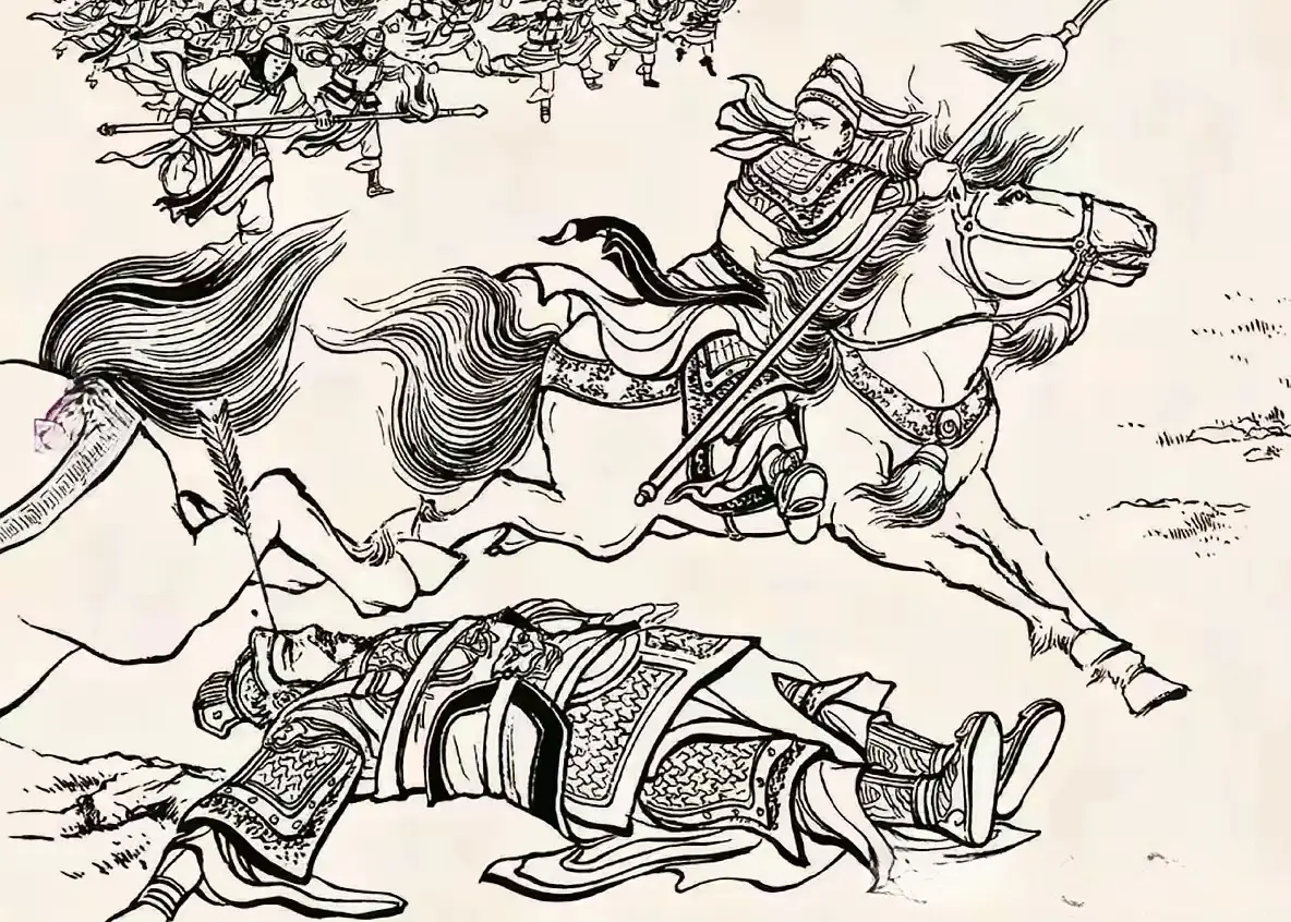 顺手牵羊。此图中一将翻身落马躺在地上，额头上还插着一支雕翎箭，肇事者飞...