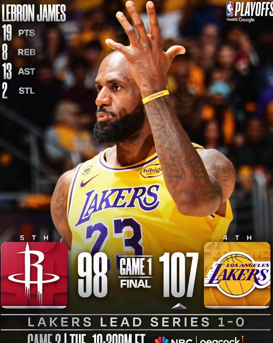 41岁詹姆斯季后赛首战告捷，湖人击败火箭取得开门红。勒布朗·詹姆斯以19分8篮板