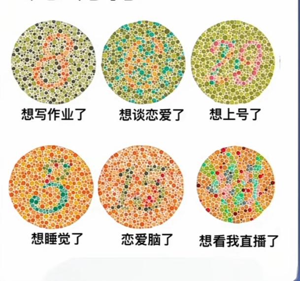 〔看图猜数字〕
要考驾照的朋友赶快来；
今天整几个红绿色盲题；
供参考。
在没答