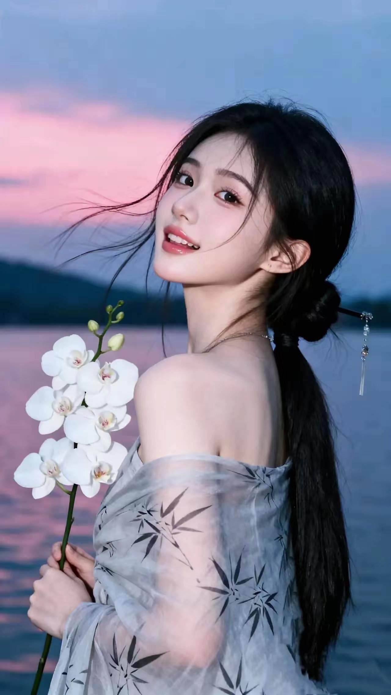 少女与花共舞，落日余晖中的唯美瞬间。