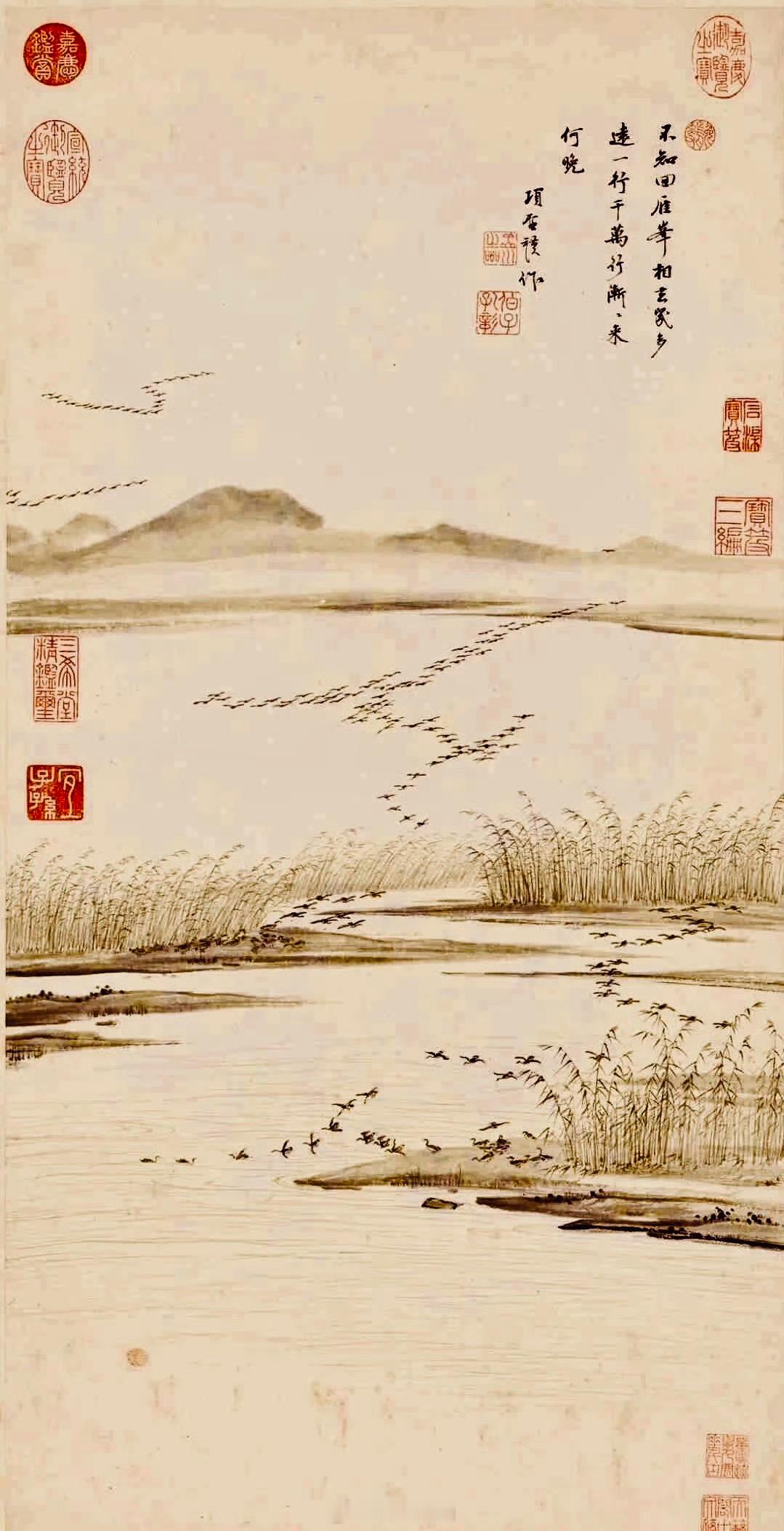 正是蒹葭白露天，眼明秋水过湖边。洞箫长笛吟三叠，云影山光共一船。——清 · 龙岭