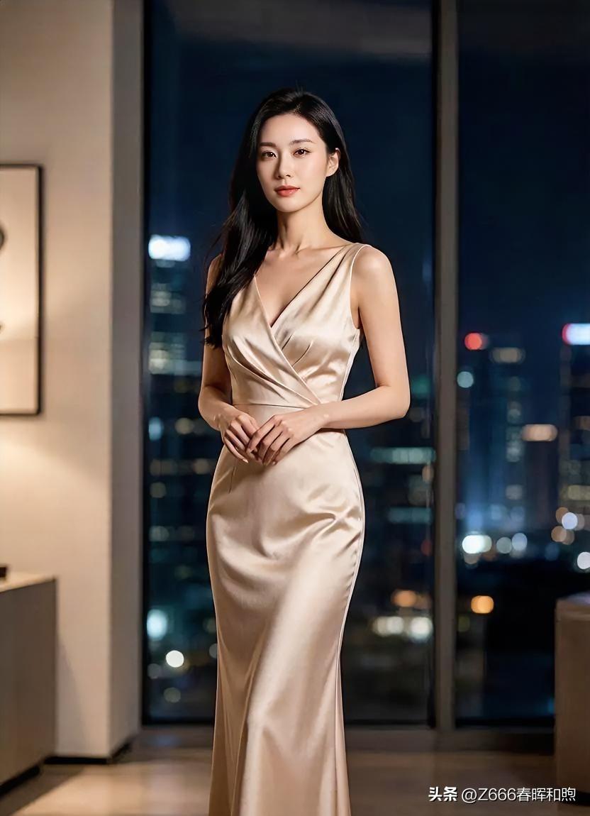 香槟缎光凝玉骨，深窗夜景作星河。一袭曳地流霞，衬出清冷风姿。眸若秋水，静立如诗，
