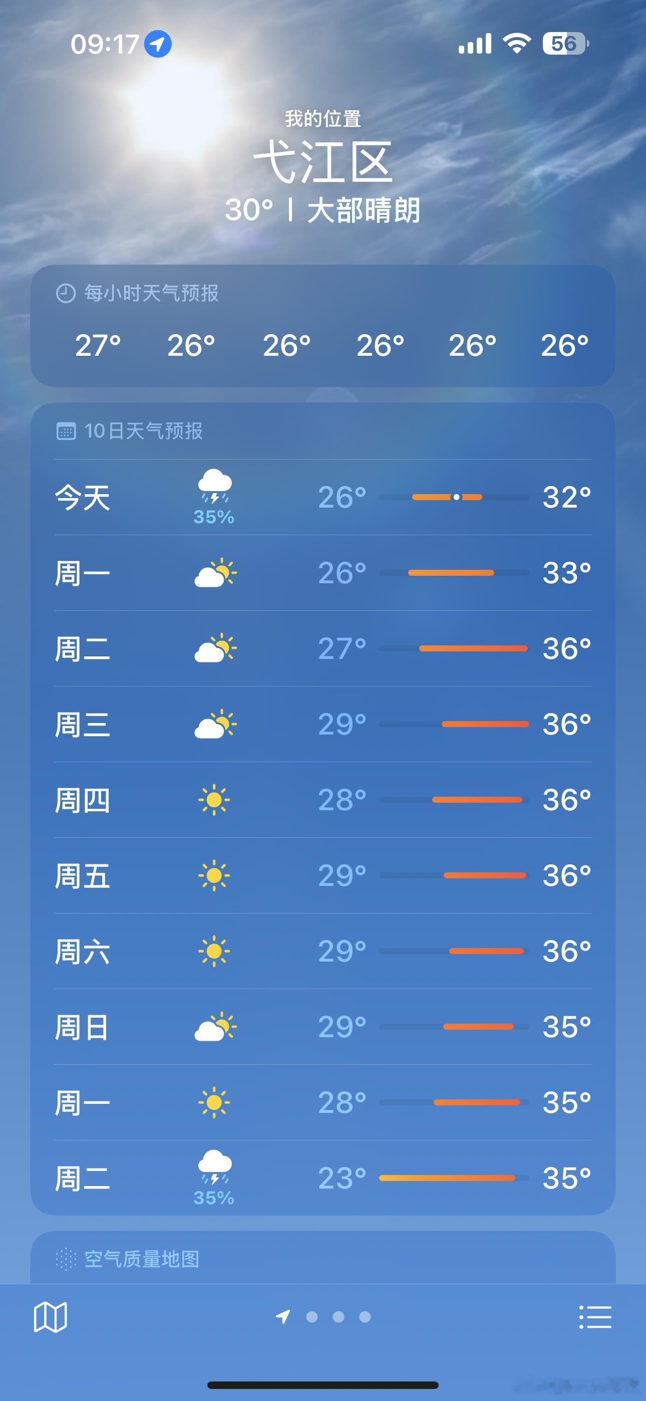 今后一周高温全勤打卡我看了下，最高温度36摄氏度……我真的要受热了……大家的温度