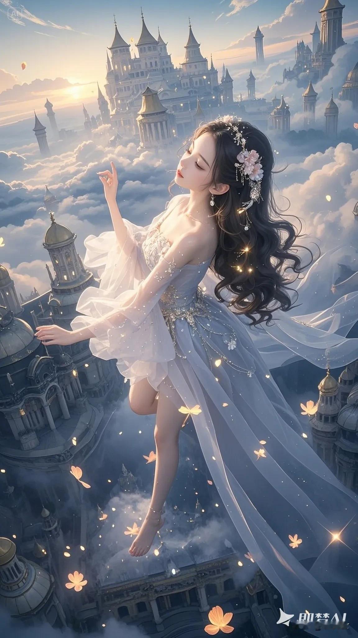 仙女从天而降的奇幻场景，飘逸的薄纱长裙和发光花瓣环绕，柔和的梦幻柔光色调，精致的