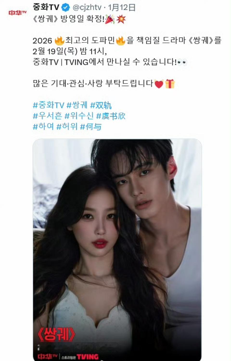 双轨的风吹到韩国了双轨要在韩国播出了双轨真的好好看！！！何与