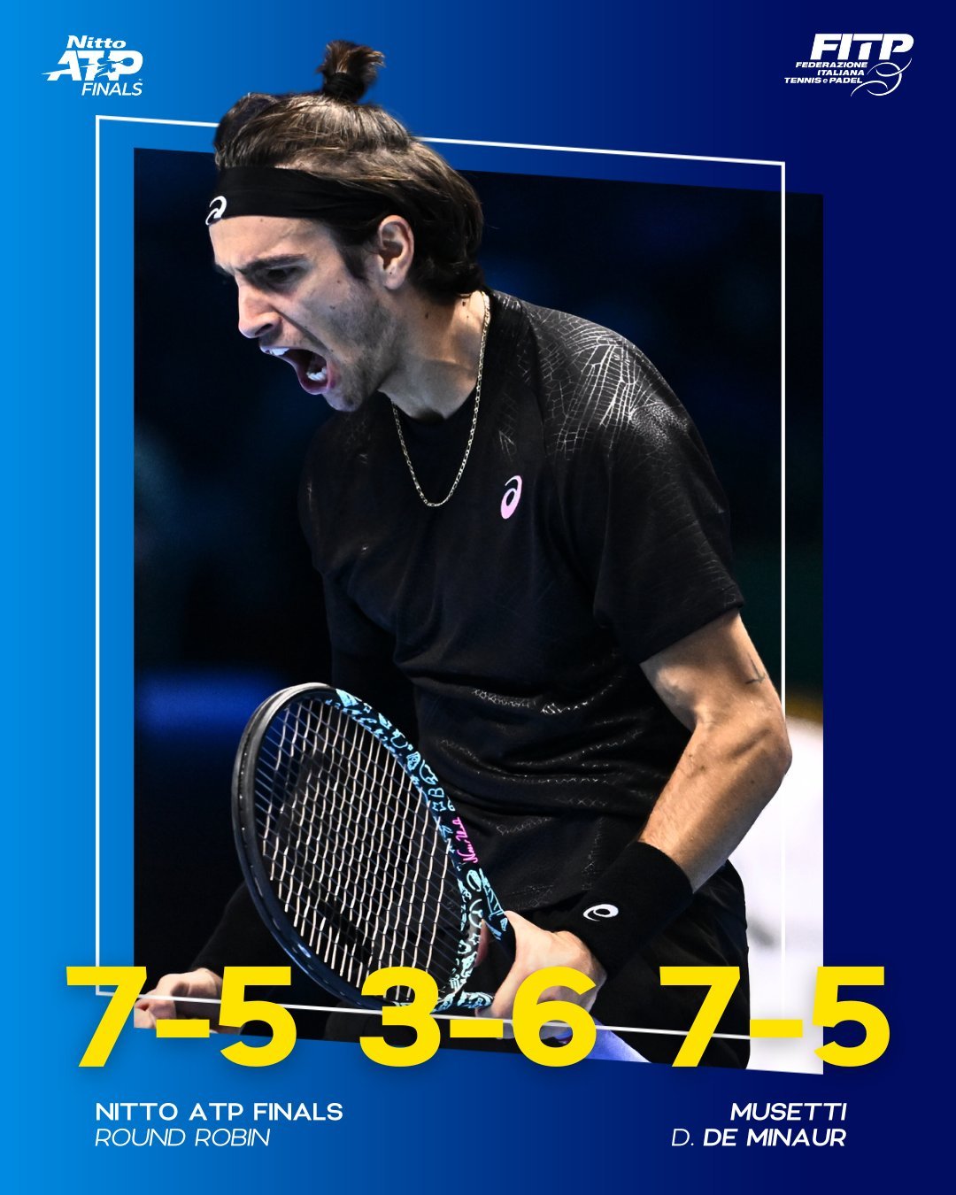 穆塞蒂决胜盘3-5落后连胜4局，7-5、3-6、7-5击败德米纳尔，保留小组出线