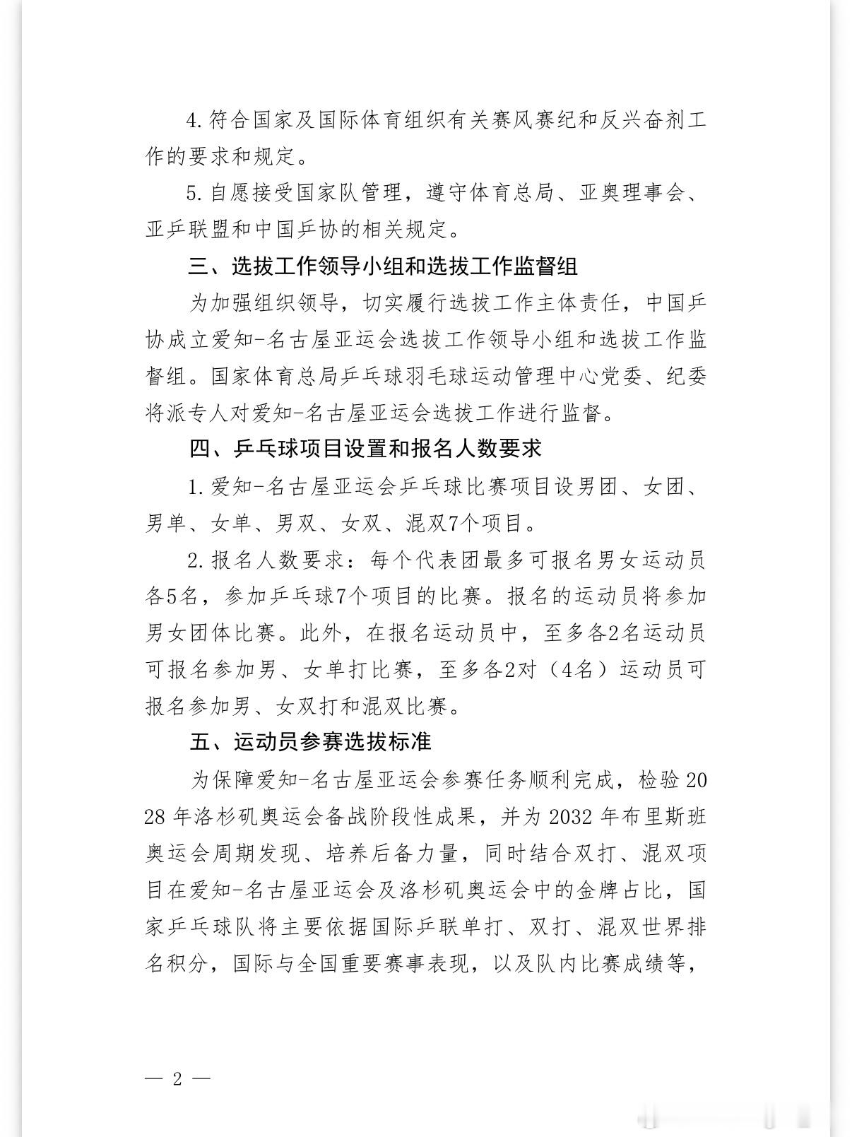 中国乒协公示爱知-名古屋亚运会参赛人员选拔办法第20届爱知-名古屋亚运会将于20