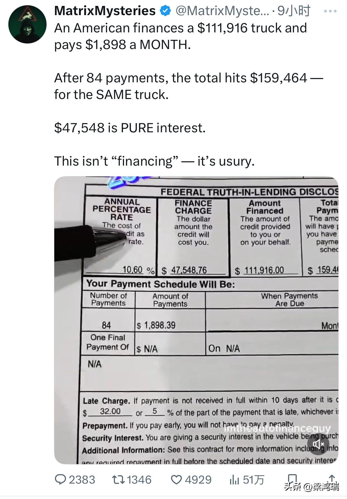 一位美国人贷款购买了一辆价值 111,916 美元的卡车，每月支付 1,898 