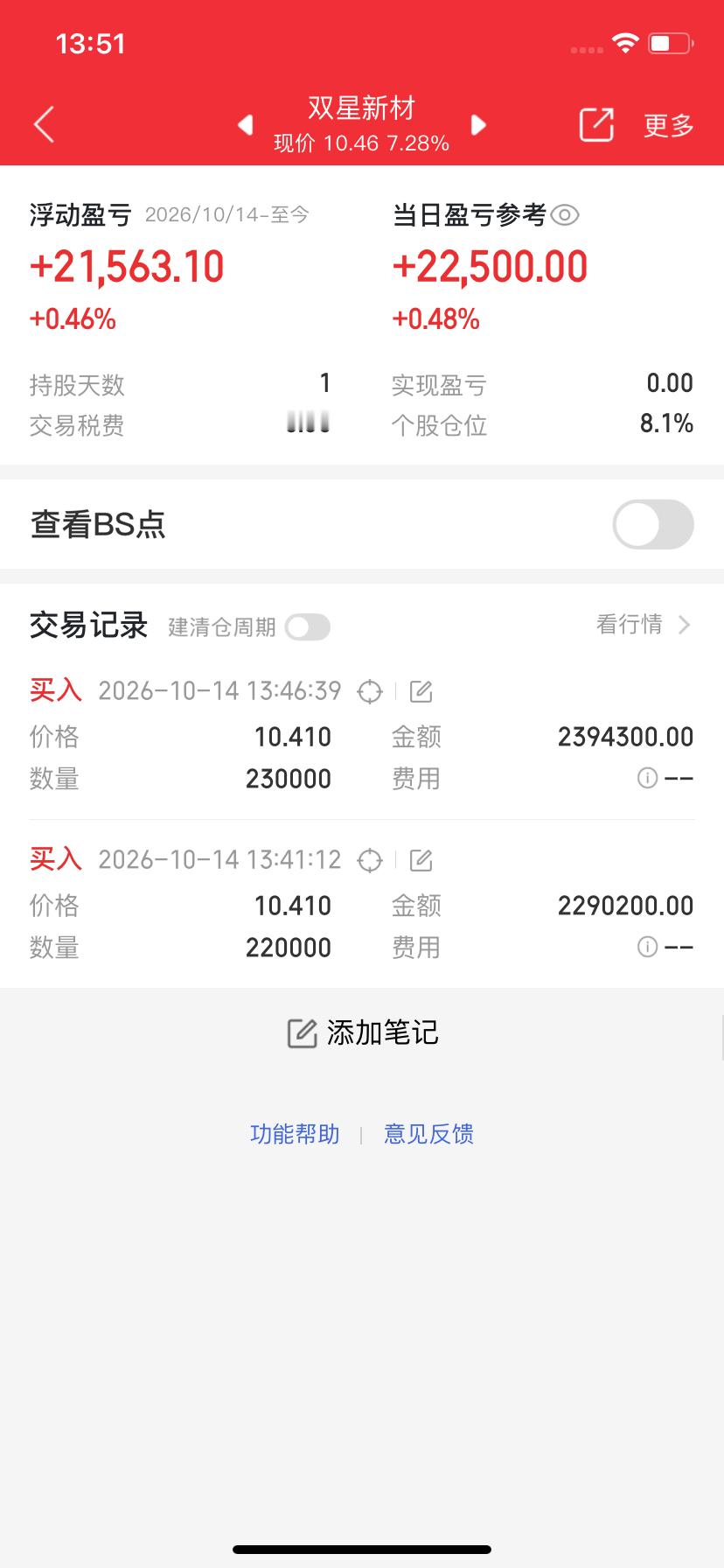 兄弟姐妹们，我开新仓了！双星新材，现在敢倒车接人给机会就不要怕！明天继续涨停！ 