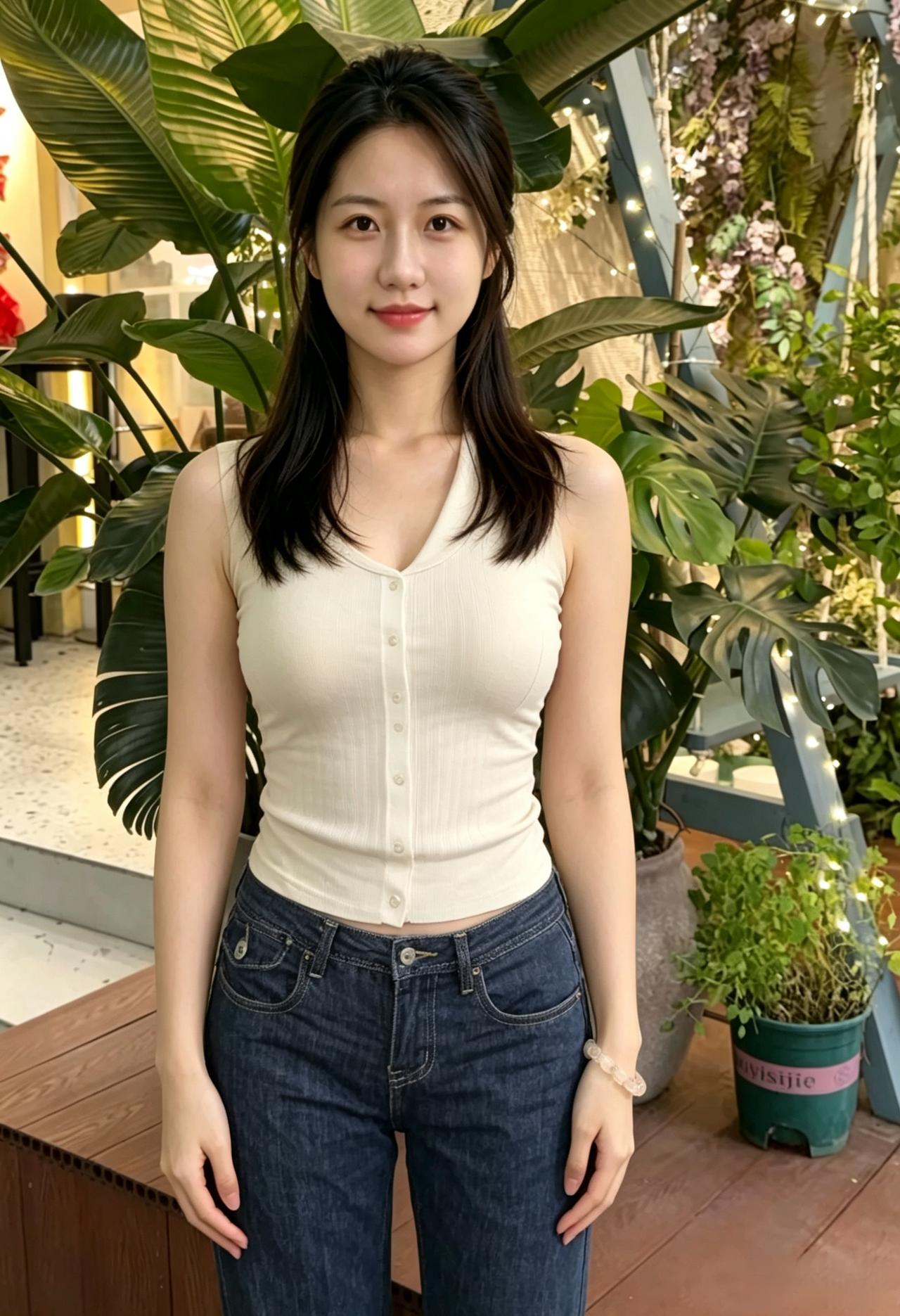 素袂轻扬映浅黄，
明眸流盼似春光。
无须桃李争颜色，
一顾嫣然已断肠。