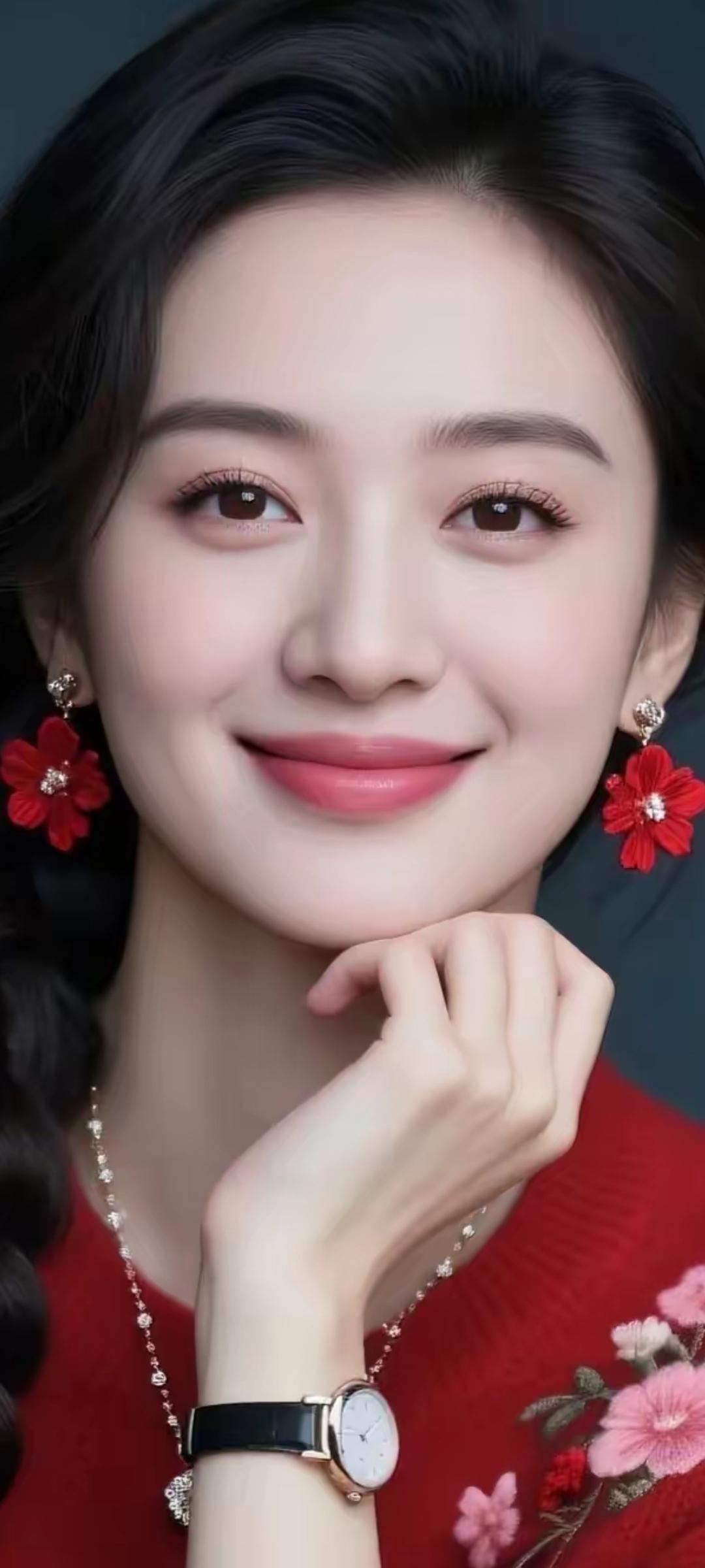 甜美微笑，红衣花饰，优雅气质，秒表相伴，时尚穿搭