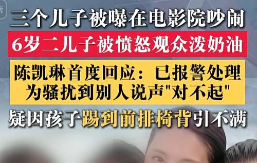 “直接报警！”一电影院里，陈凯琳儿子吵闹惹怒后排，大哥一奶油泼过去。结果当妈的报