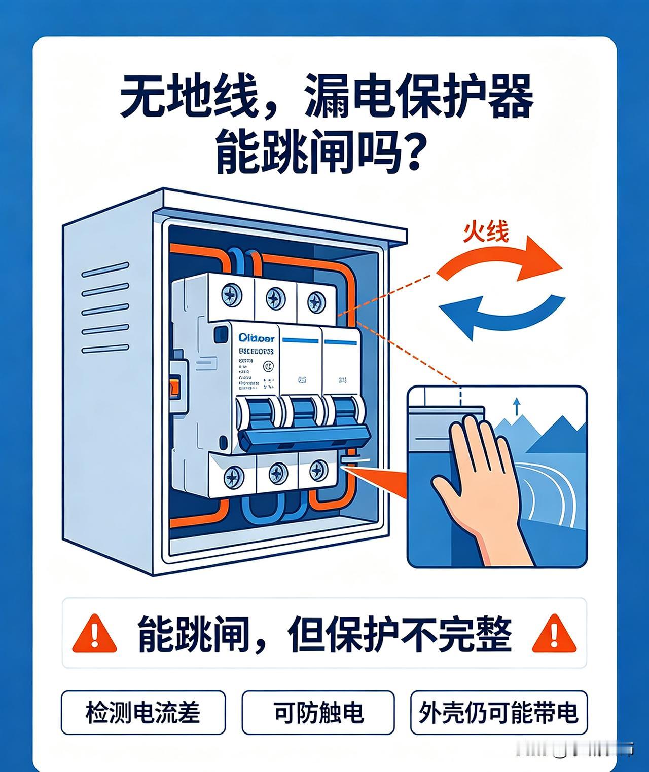 没有地线，漏电保护器依旧可以跳闸。漏电保护器依靠检测火线、零线电流差值工作，并不