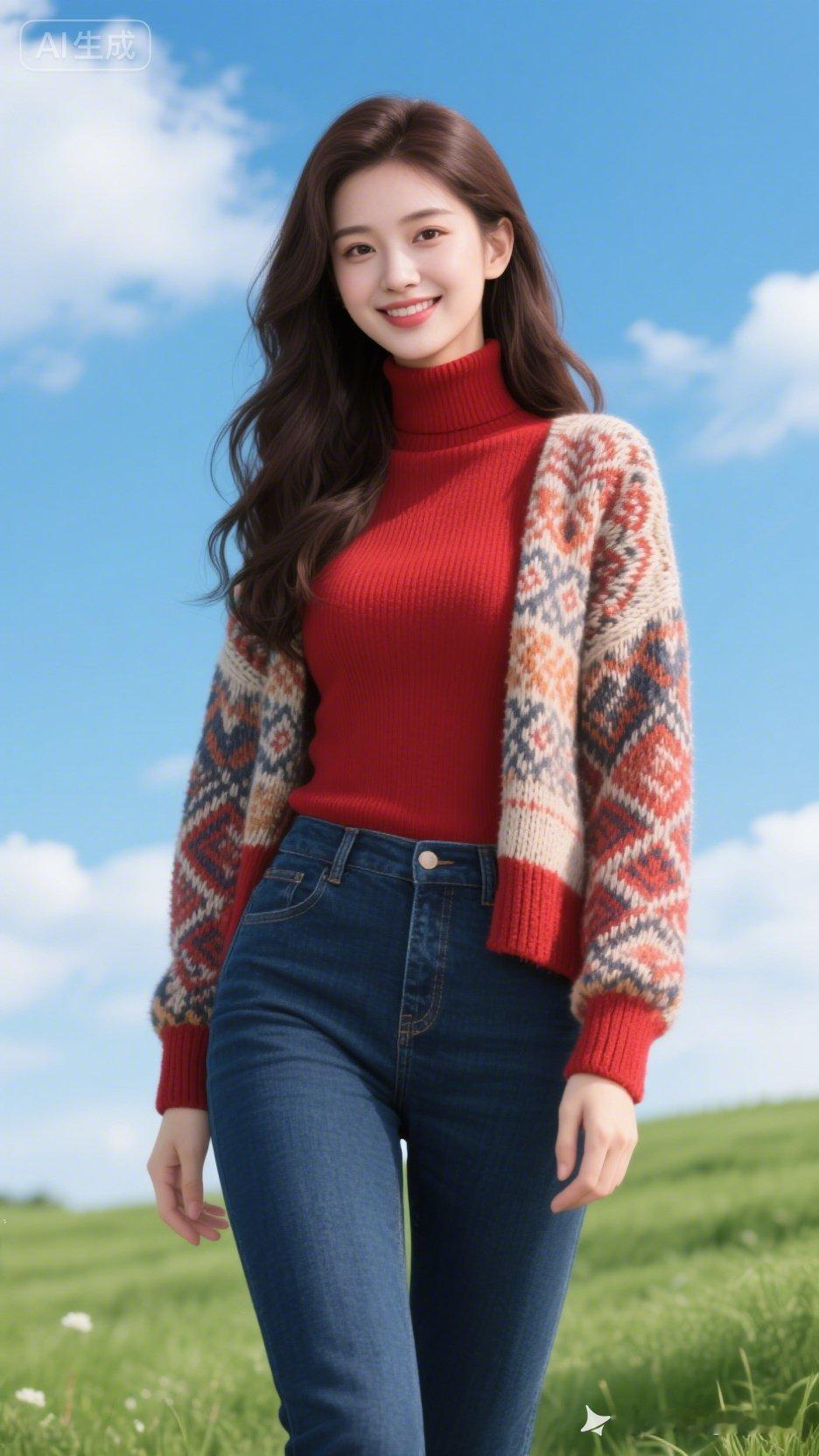 一个女孩在蓝天白云下微笑。