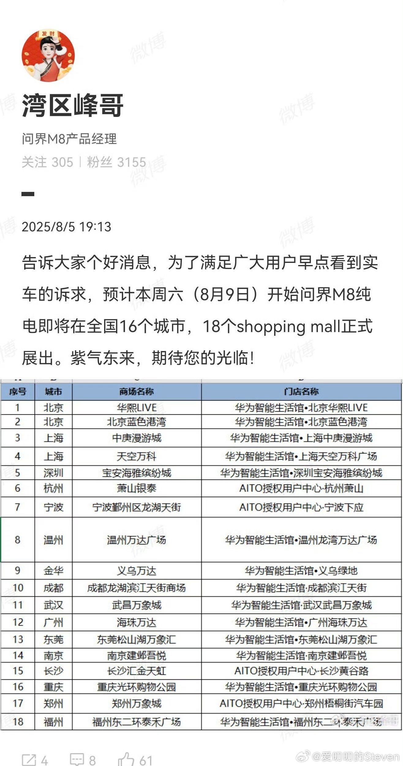 [笑而不语]问界M8纯电版8月9号开启进店，第一批全国16城，18店问界m8 ​