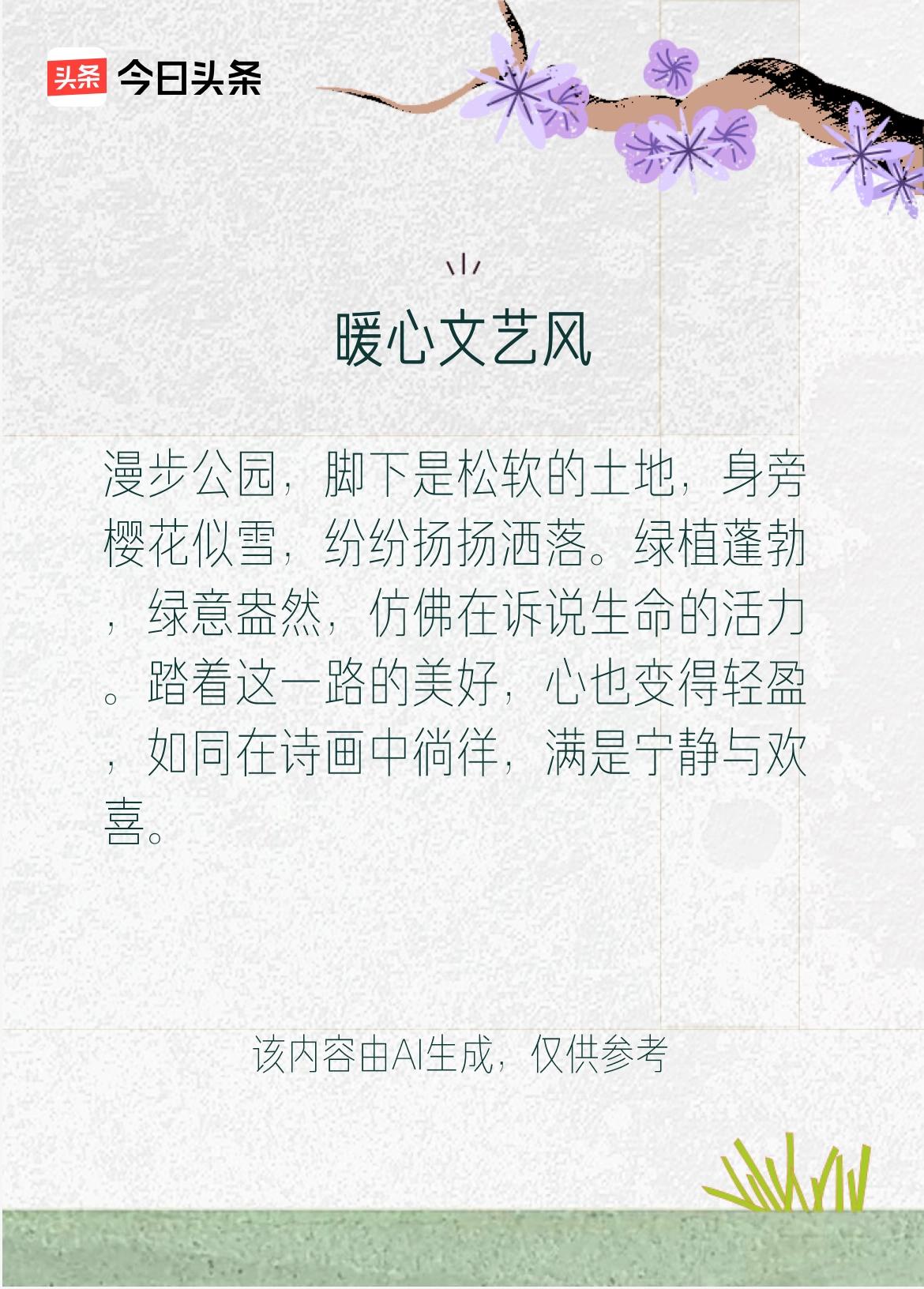文学创作大会 文学创作大会
漫步公园，脚下土地松软，身旁樱花似雪般飘落，绿植生机