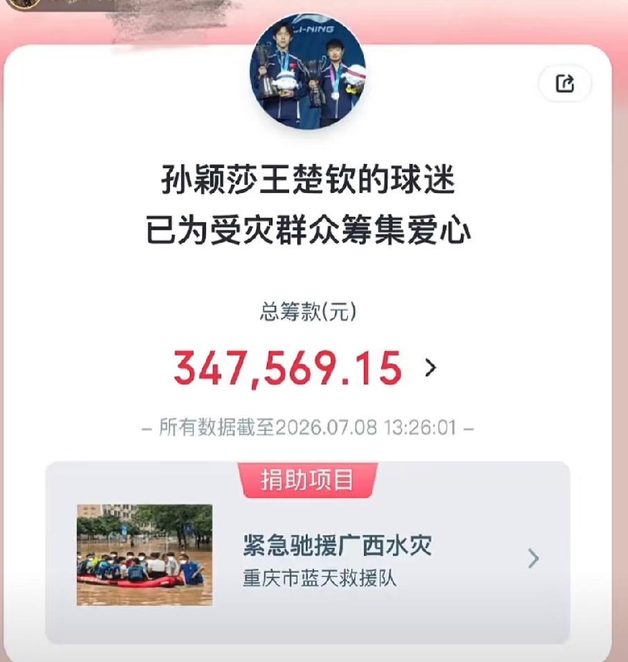 国乒球迷藏着满满的温柔✨
孙颖莎、王楚钦的球迷自发为广西水灾筹款，截至7月8日已