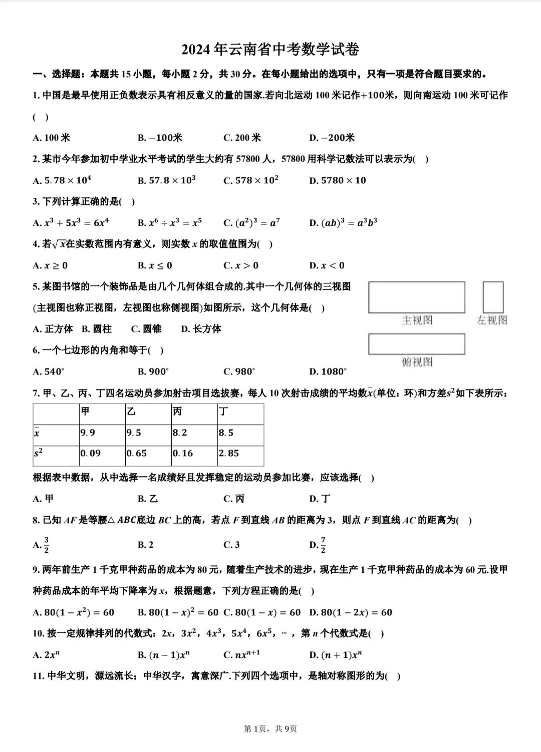 2024年全国各地数学中考试卷推荐，家有初三的娃请保存。这套试卷来自云南省202