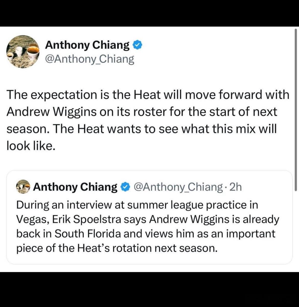 热火记者Anthony Chiang报道，目前的预期是热火将会和维金斯一起开启下