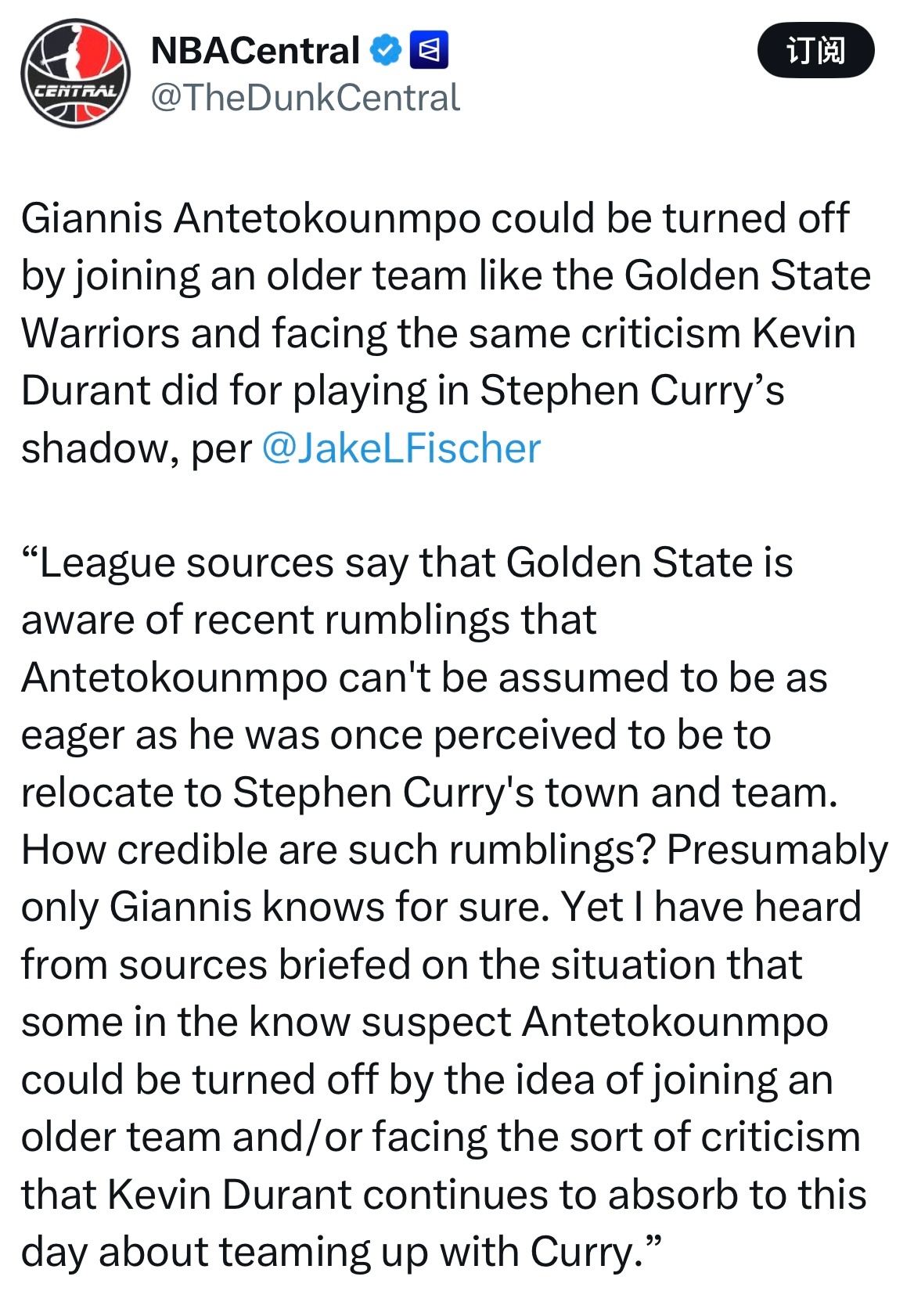 🤣Jake Fischer：字母哥可能会对加盟像金州勇士这样一支“老龄化”球队