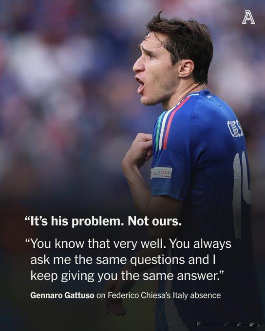 加图索表示，若基耶萨无法入选附加赛阵容，那是他自己的“问题”。基耶萨已超过一年未