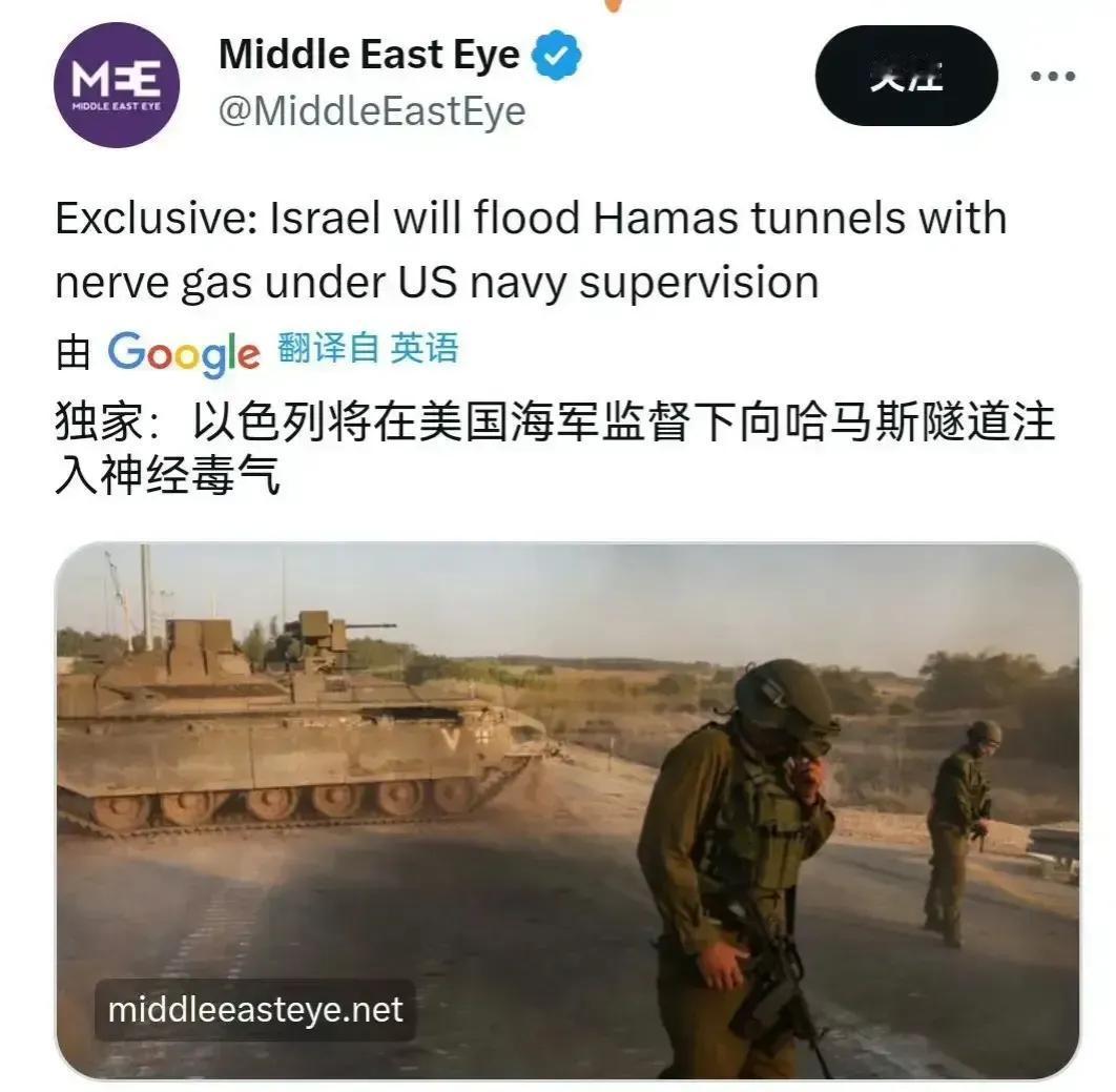 突发！以色列将在美国海军监督下向哈马斯隧道注入神经毒气！

评：如果以色列真这么