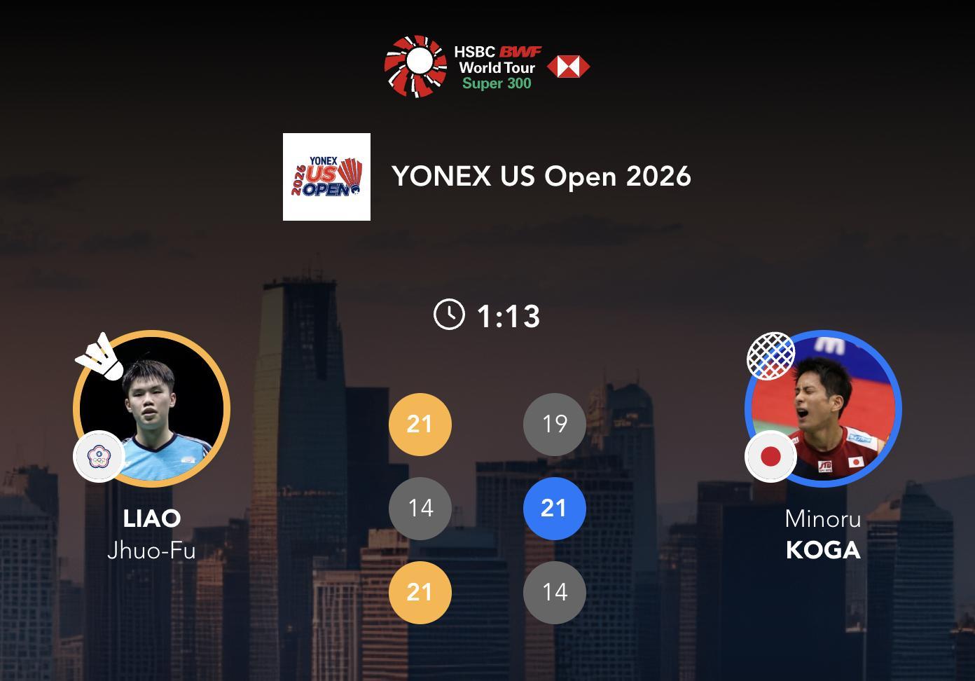 廖倬甫 21-19、14-21、21-14 🇯🇵古贺穗2026年美国羽毛球公