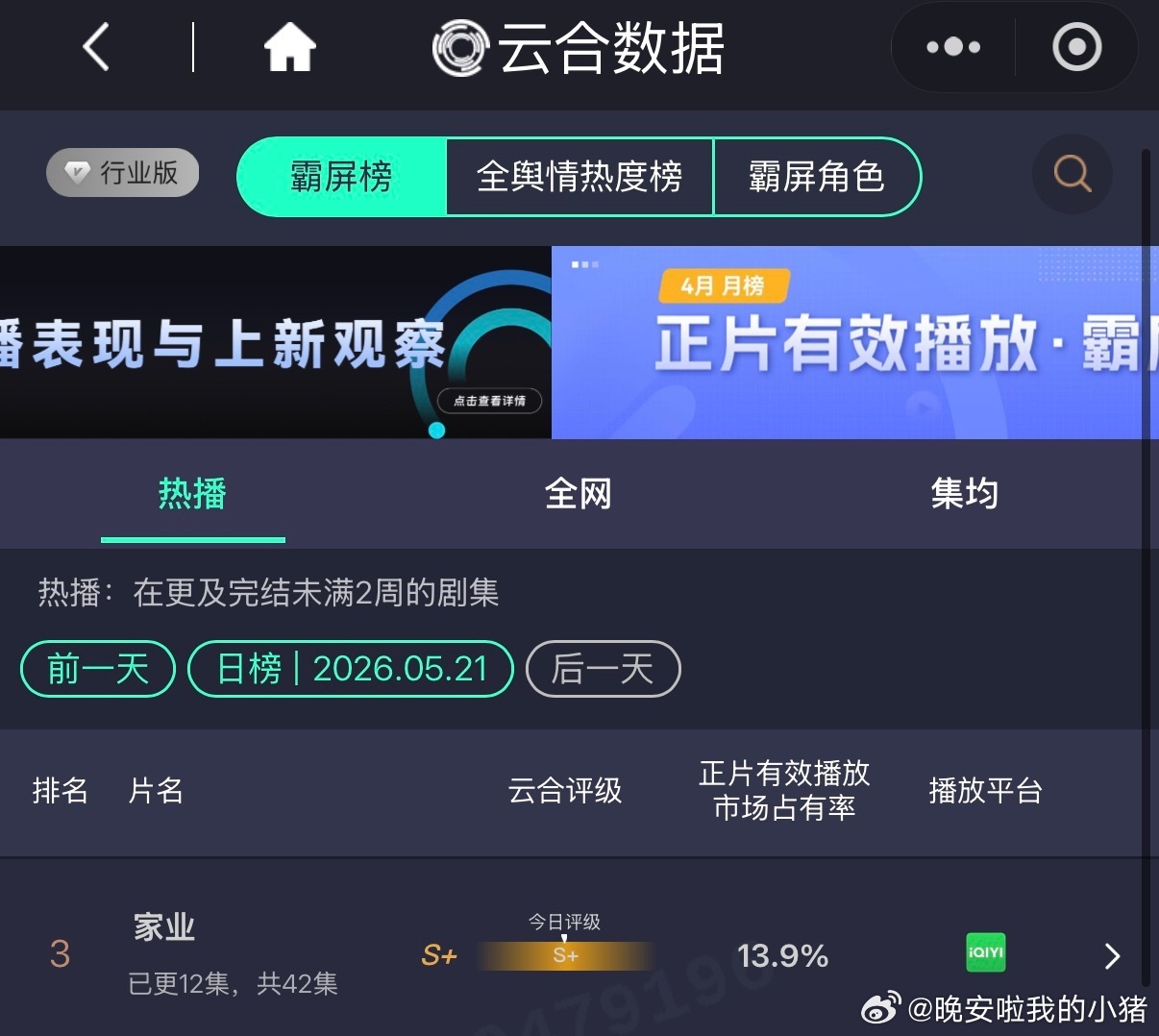 杨紫家业云合评级S+ 